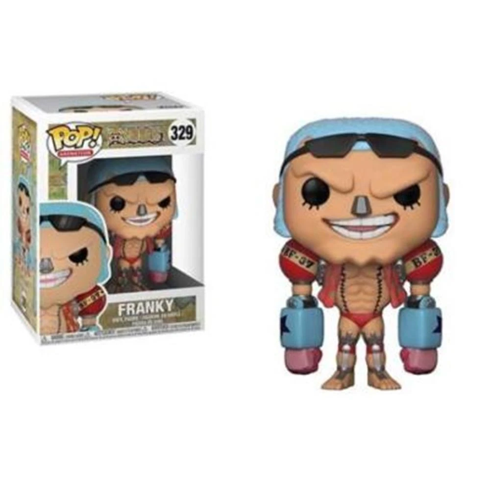 Un personaggio di Franky Funko Pop e la sua scatola. Franky ha un elmetto blu, occhiali da sole e guantoni da boxe. La scatola è bianca con l'immagine di Franky.