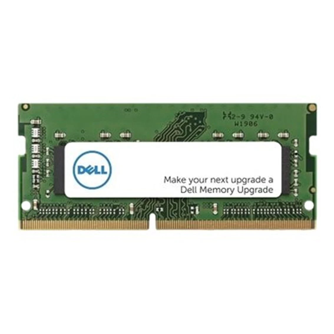 Eine grüne Dell-Speicher-Upgrade-Karte mit einem weißen Etikett, das das Dell-Logo und den Text anzeigt: Machen Sie Ihr nächstes Upgrade zu einem Dell Memory Upgrade.