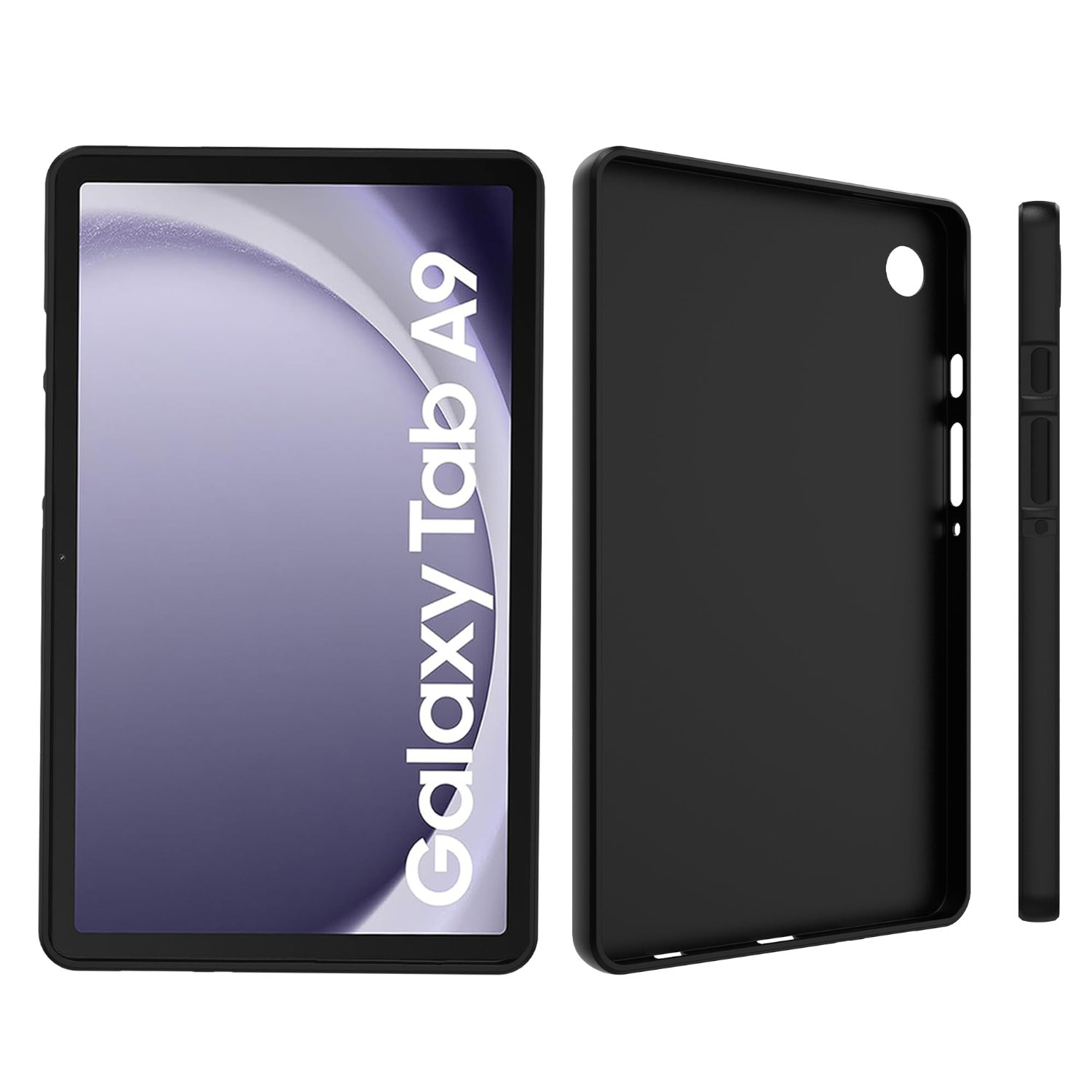 Ein schwarzes Tablet und eine Hülle werden angezeigt. Das Tablet zeigt einen lila-weißen Bildschirm. Die Hülle befindet sich rechts und hinter dem Tablet.