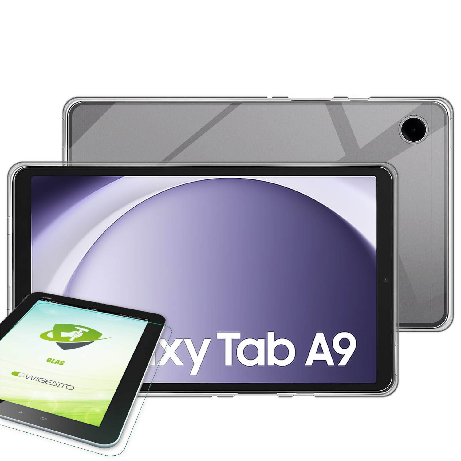 Drei Tablets. Ein Displayschutz. Auf dem Haupttablet steht Galaxy Tab A9. Die anderen sind grau. Displayschutz zeigt Logo.