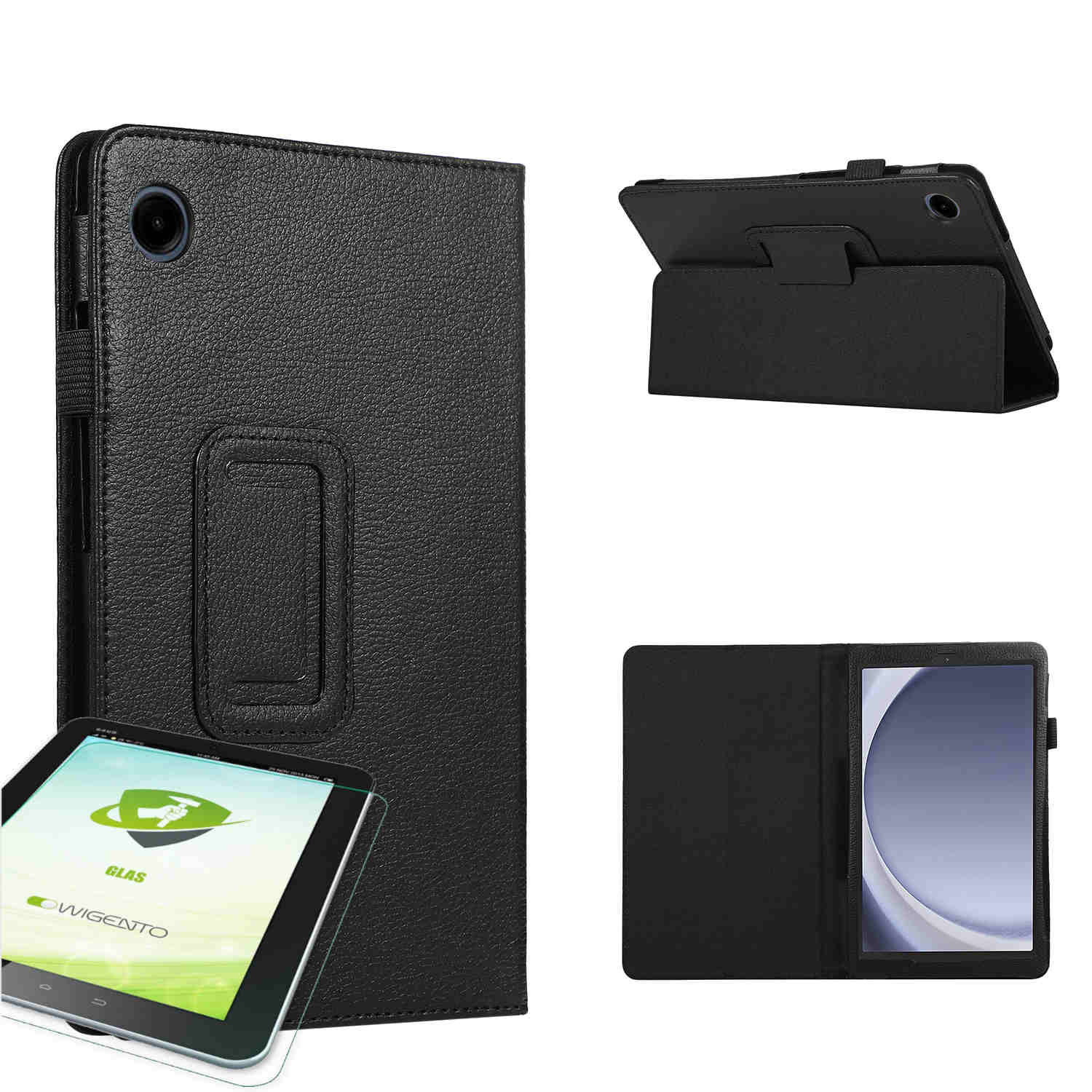 Schwarze Tablethülle mit Tablet. Andere Ansichten zeigen die offene Hülle und den Tablet-Bildschirm mit Schutzfolie.