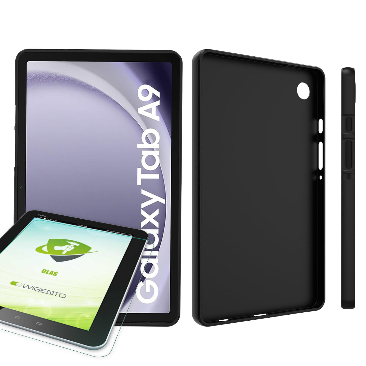 Das Bild zeigt ein schwarzes Galaxy Tab A9 Tablet mit Displayschutzfolie, einer schwarzen Hülle und eine Seitenansicht der Hülle.