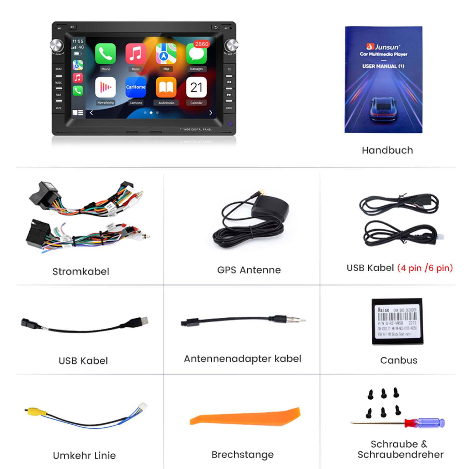 Das Bild zeigt ein Auto-Multimedia-Player und Zubehör: Kabel, Antenne, Benutzerhandbuch und Werkzeuge für die Installation.