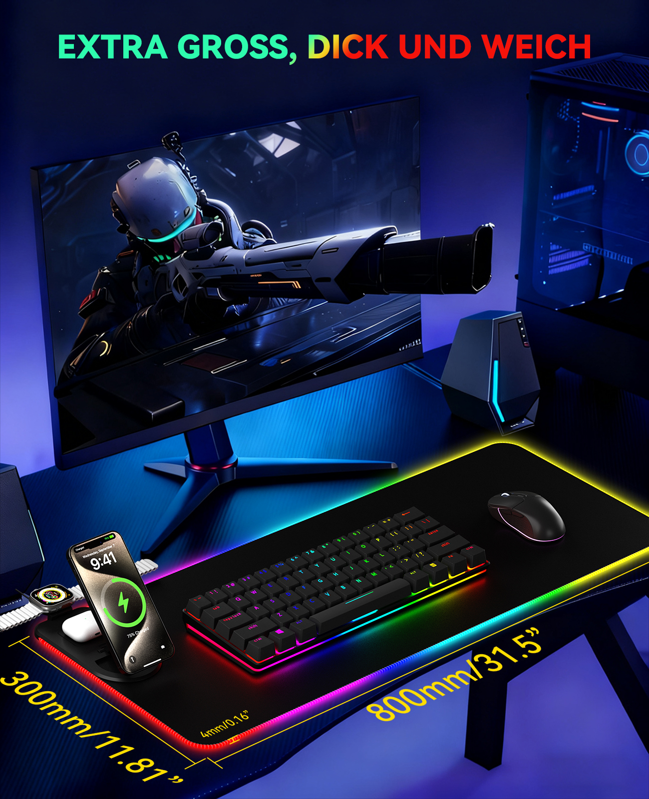 Gaming-Setup mit Monitor, der einen futuristischen Soldaten zeigt, Tastatur, Maus, Telefon lädt, und leuchtendem Mauspad.