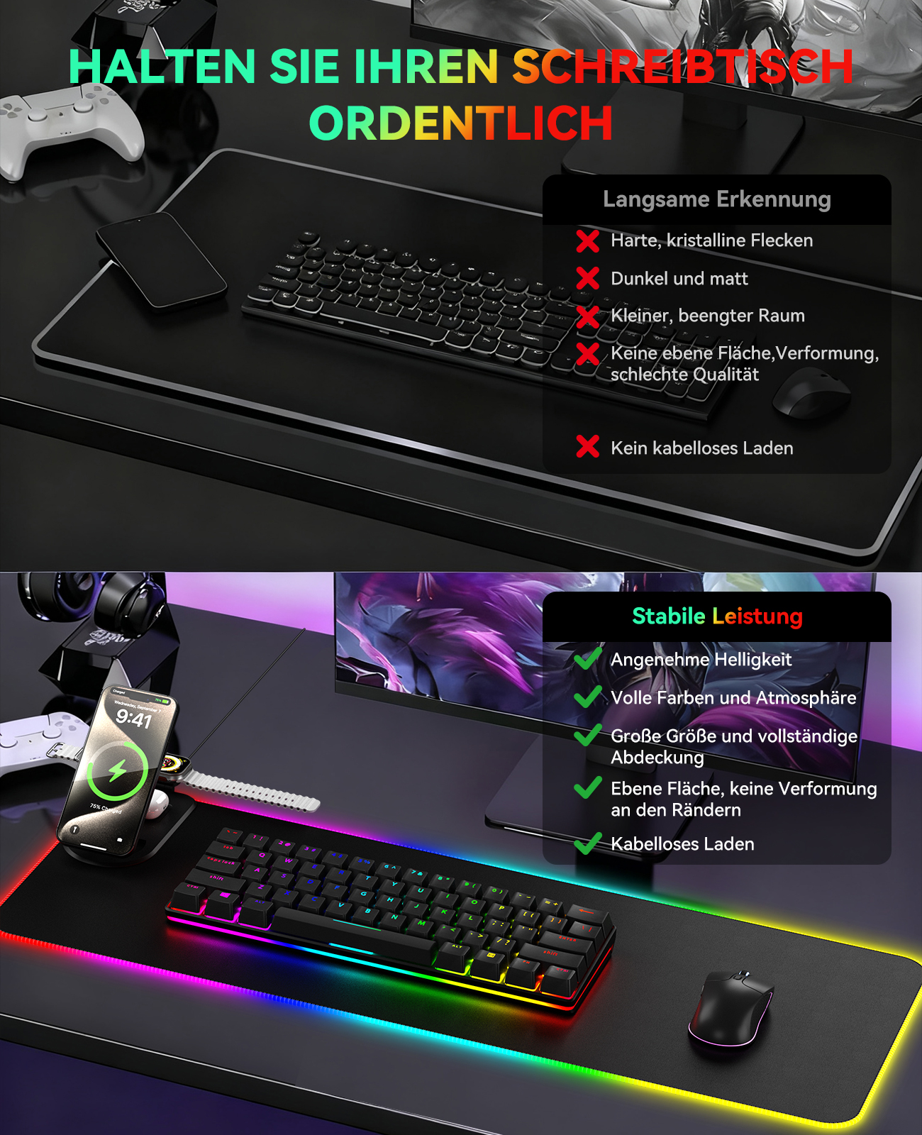 Ein Schreibtisch-Setup mit Tastatur, Maus, ladendem Telefon und einem Controller. Text auf Deutsch beschreibt Produktmerkmale.