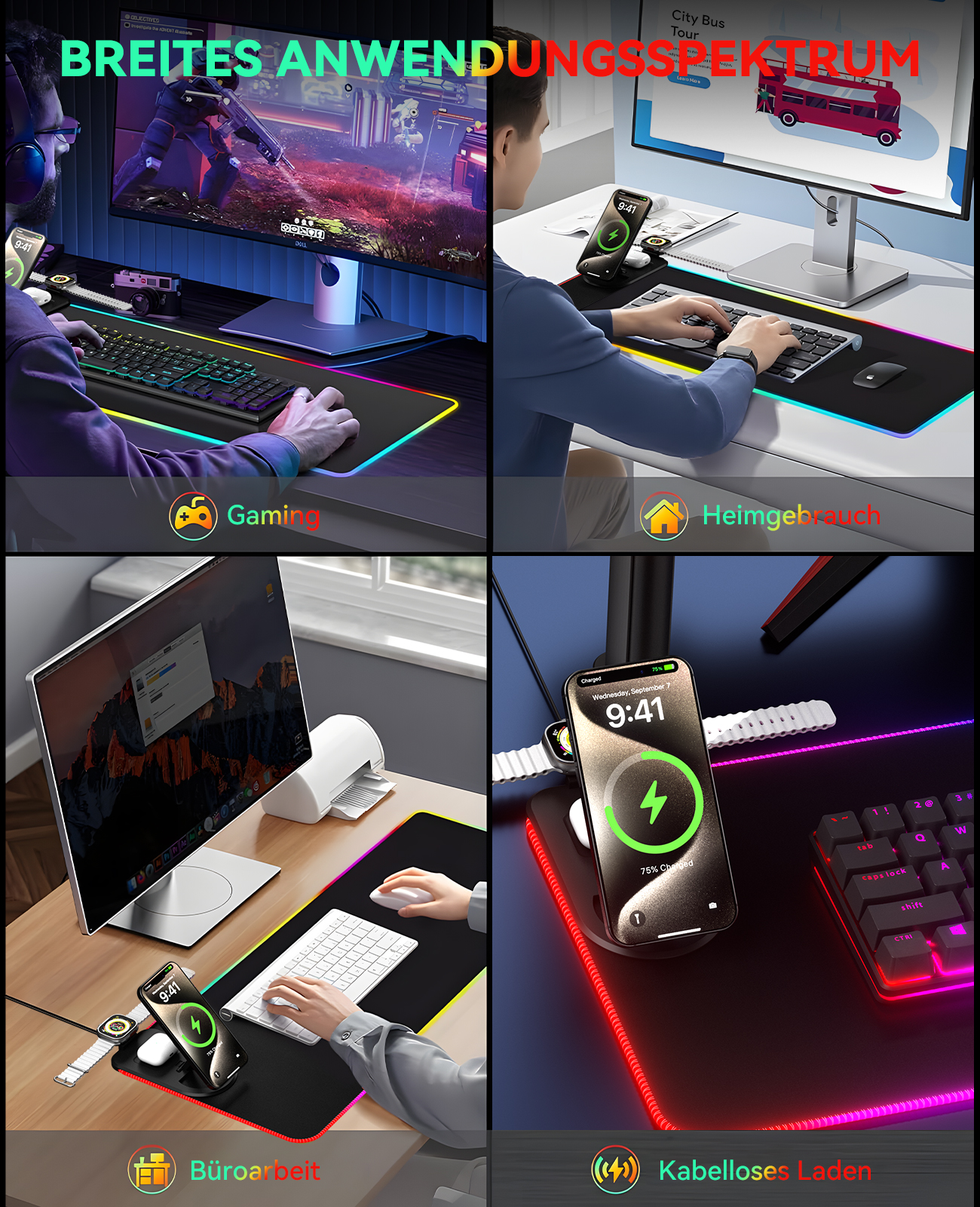 Das Bild zeigt verschiedene Anwendungen: Gaming, Heimgebrauch, Büroarbeit und kabelloses Laden mit Telefonen, Smartwatches und Tastaturen.