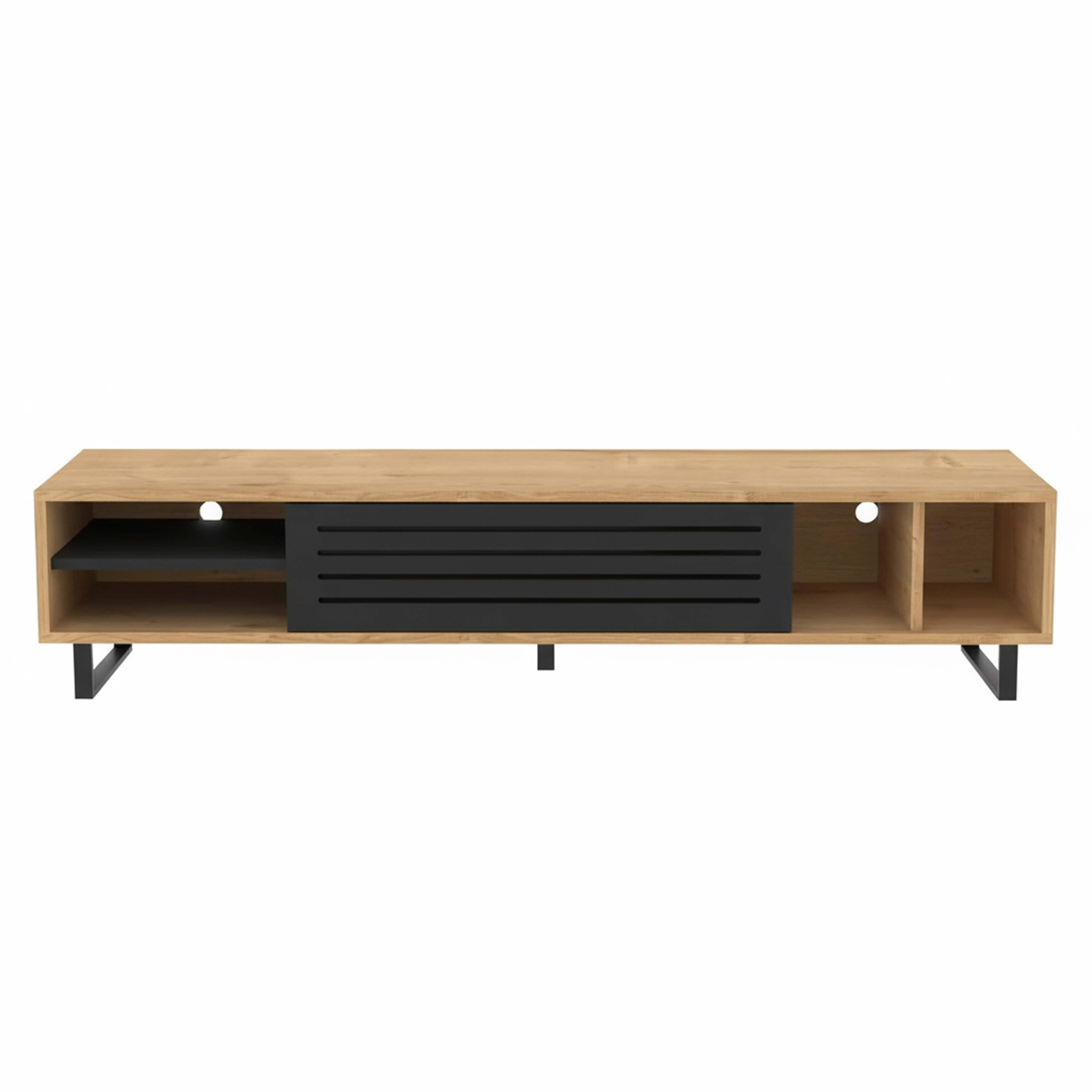 Ein hellbrauner Fernsehschrank aus Holz mit schwarzer Schiebetür und Beinen, weißer Hintergrund.