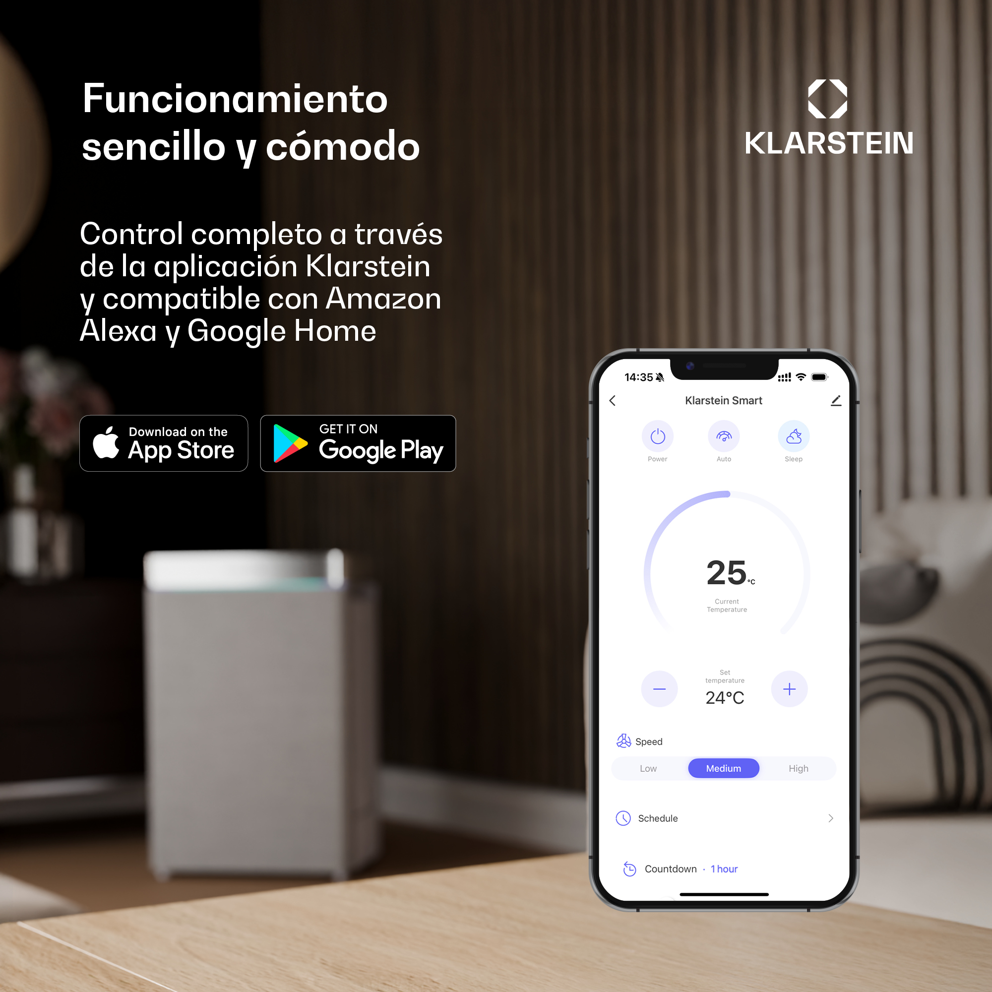 Un smartphone muestra la app Klarstein, un purificador de aire blanco y texto en español. El teléfono muestra controles de temperatura.