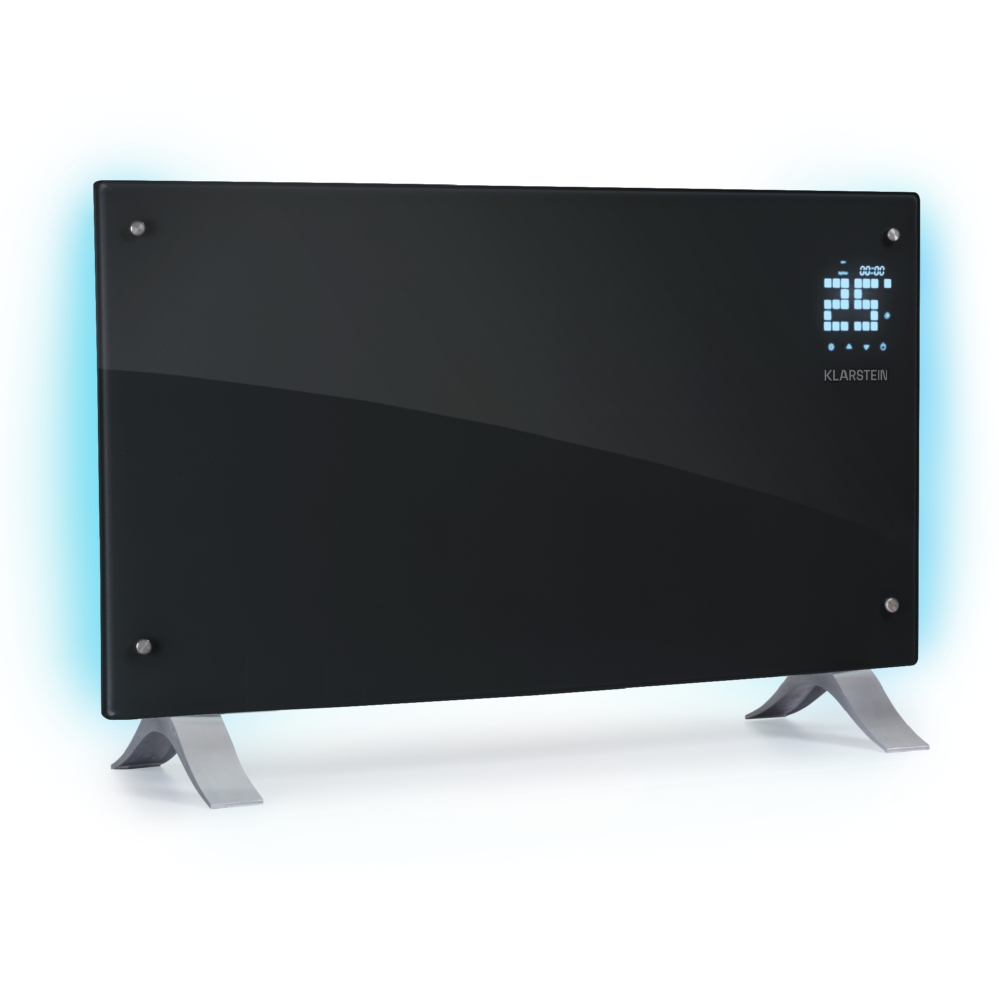 Un calentador eléctrico negro con una pantalla digital que muestra 25 grados. Tiene patas plateadas y está sobre fondo blanco.