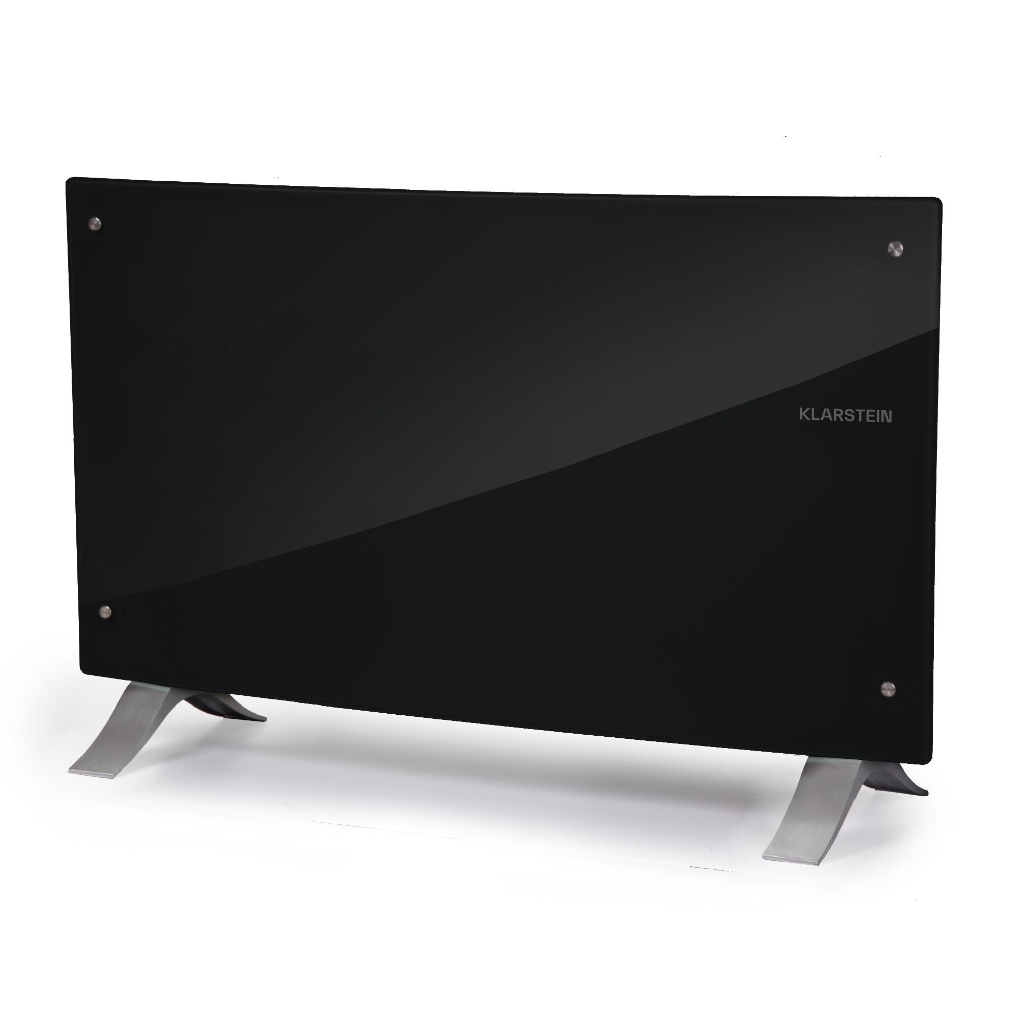 Calentador eléctrico Klarstein negro. Tiene un frontal de cristal rectangular, patas de metal y el nombre de la marca.