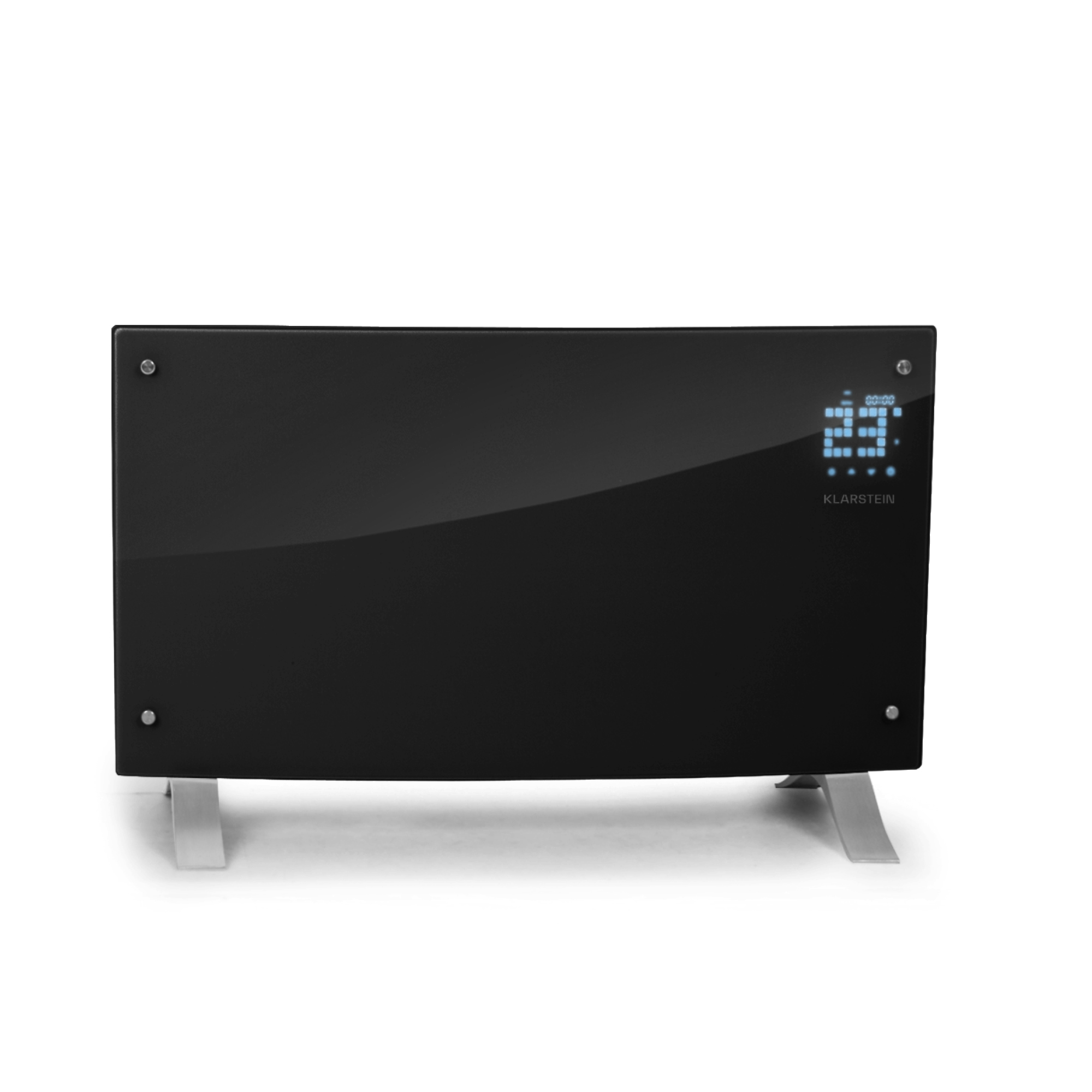 Un calefactor eléctrico negro con una pantalla digital que muestra 23 grados. Tiene patas plateadas y está sobre fondo blanco.
