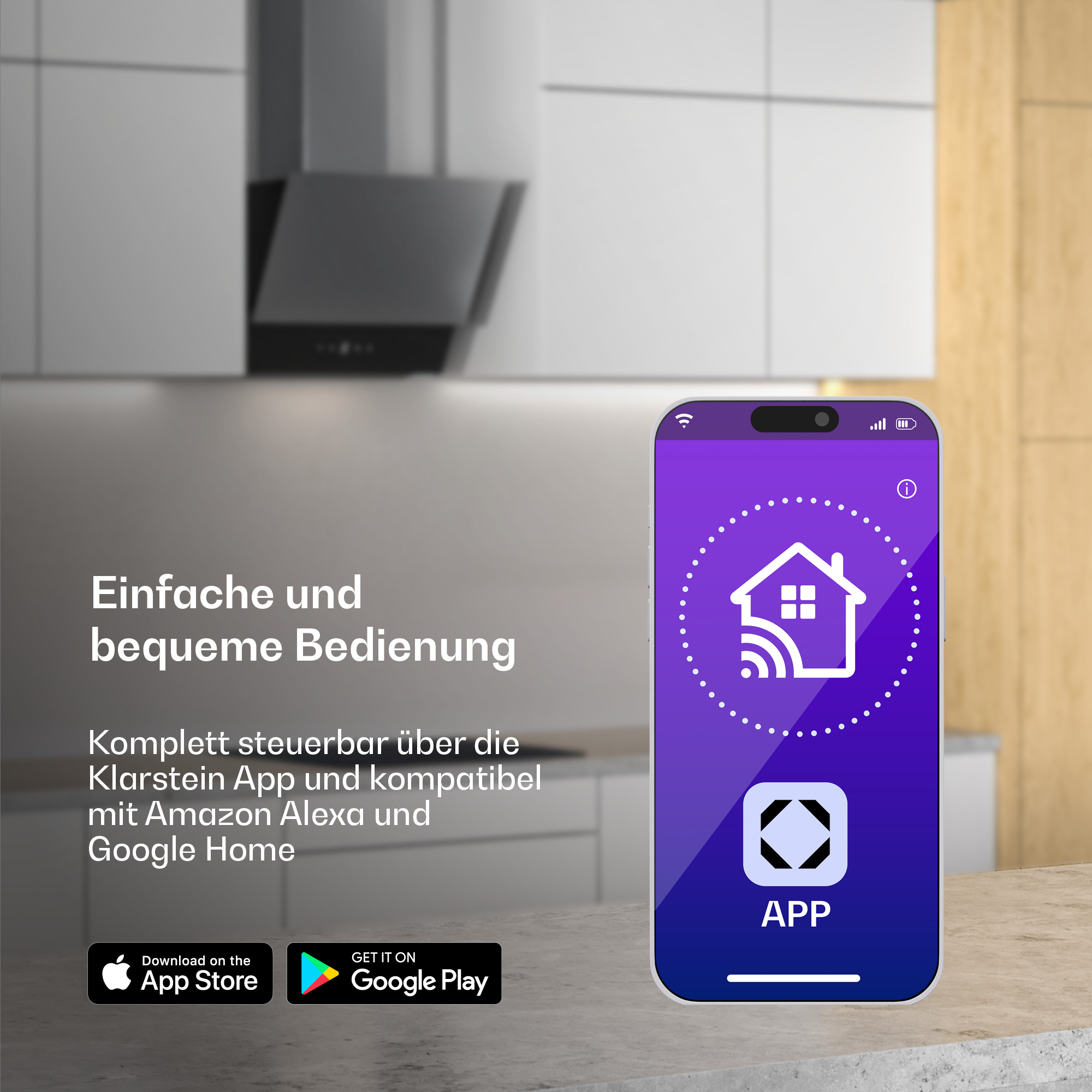 Smartphone zeigt eine App mit Haus-Icon in der Küche. Text wirbt für einfache Steuerung über die Klarstein App.