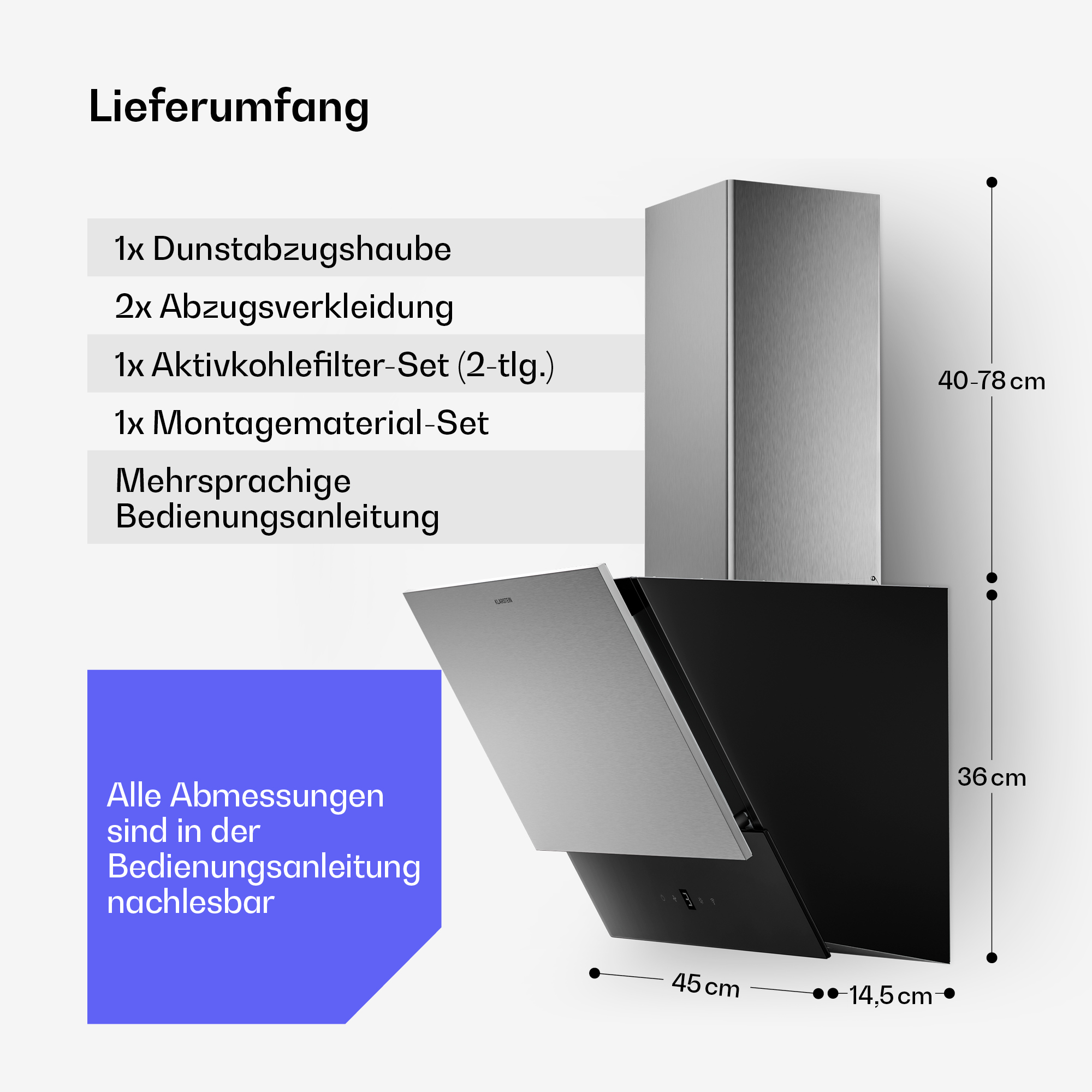 Ein Bild, das eine Küchenhaube mit Abmessungen und einer Liste der enthaltenen Artikel zeigt. Es hat eine Edelstahl- und schwarze Oberfläche.