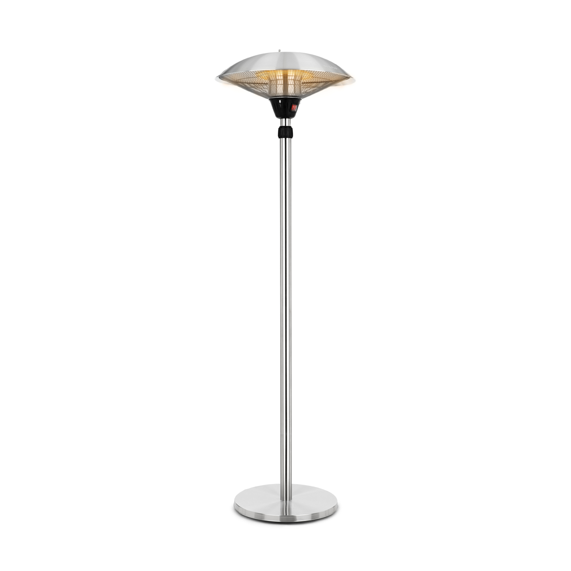 Un calentador de patio plateado. Tiene base redonda, poste largo y parte superior en forma de cúpula.