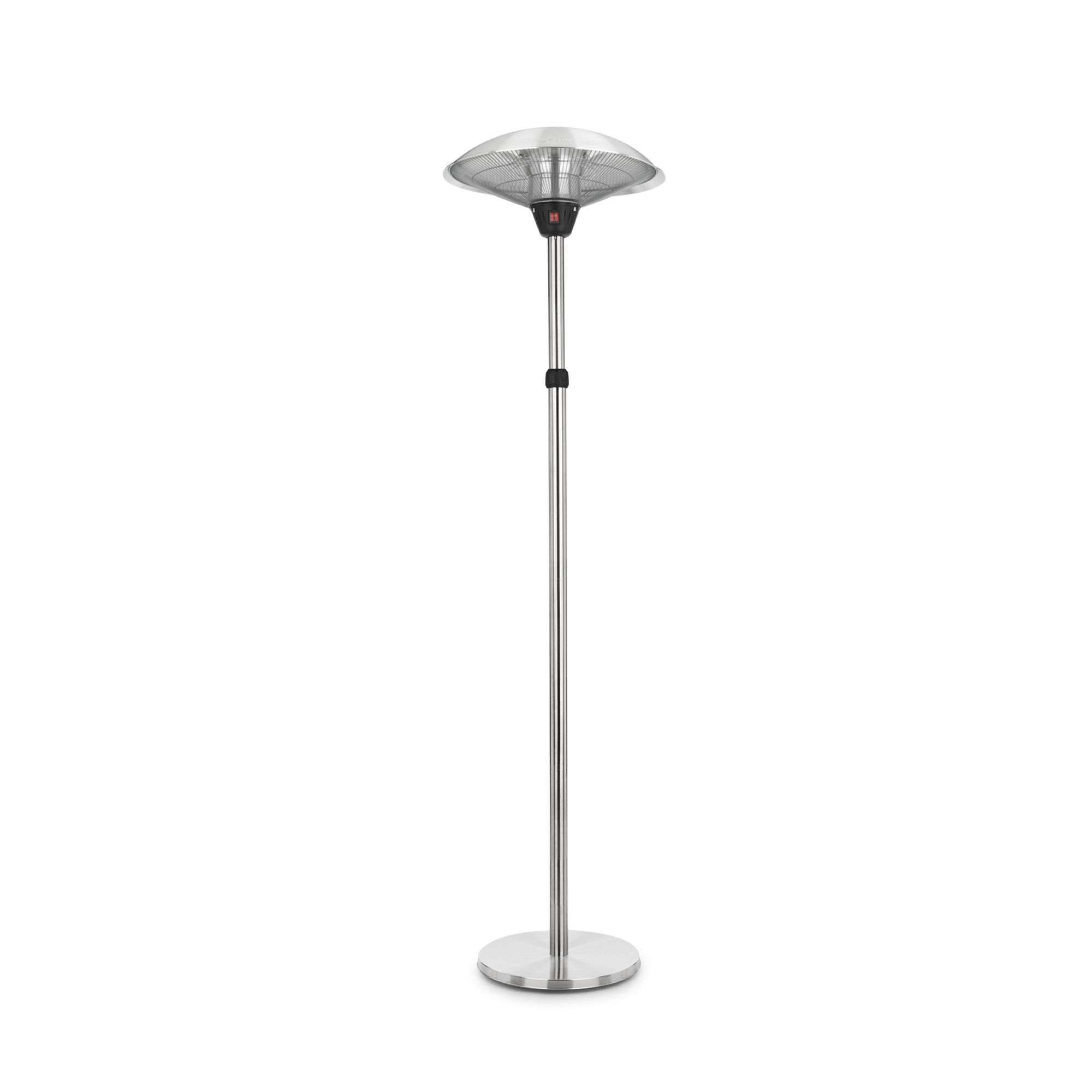 Un calefactor plateado para exteriores con la parte superior en forma de cúpula y un poste alto y delgado sobre una base redonda.