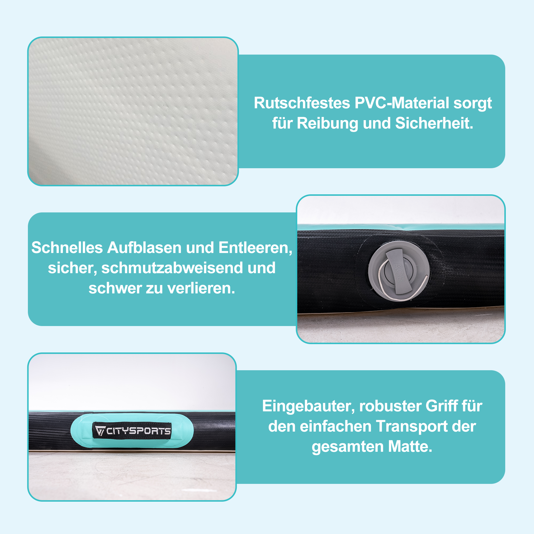 Das Bild zeigt Details einer aufblasbaren Matte: PVC-Material, Aufblasventil und einen Tragegriff.