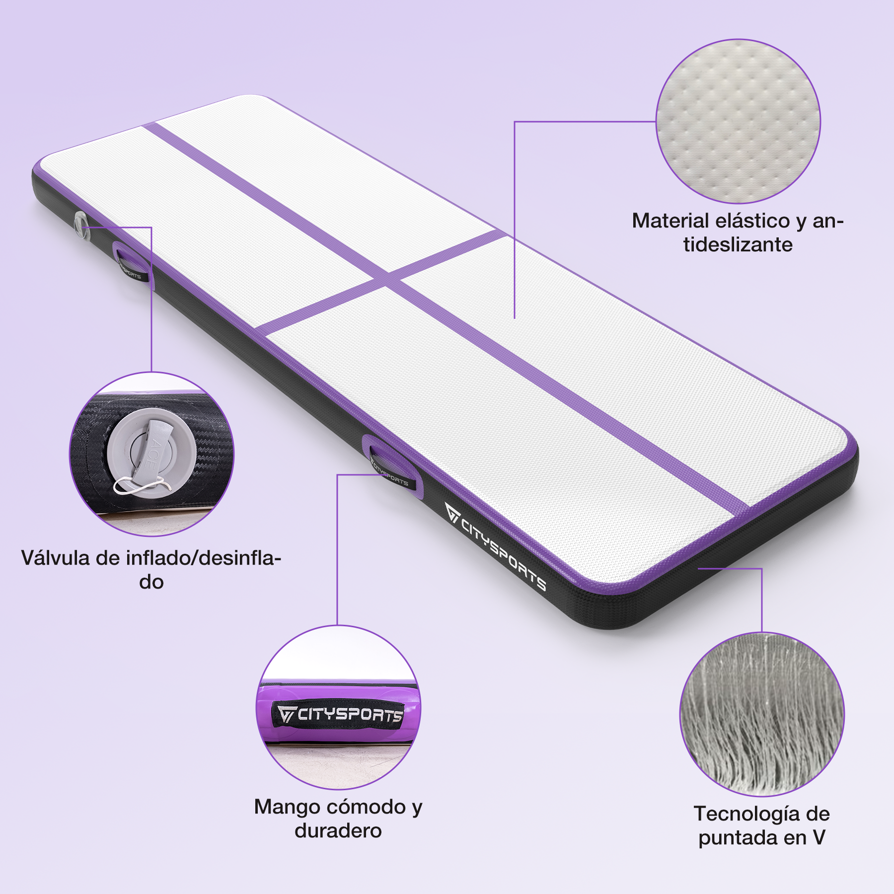 Una pista de aire inflable con parte superior blanca, líneas moradas y bordes negros. Detalles incluyen válvula, asa y superficie texturizada.