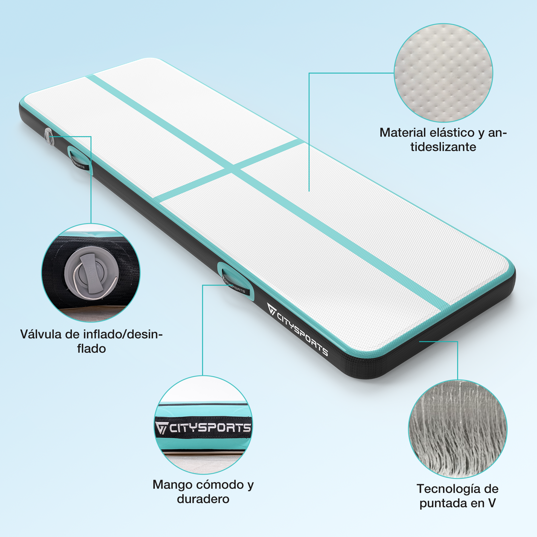 Una colchoneta inflable de gimnasia con superficie blanca y líneas azules, bordes negros y una válvula. Los detalles incluyen material y costuras.