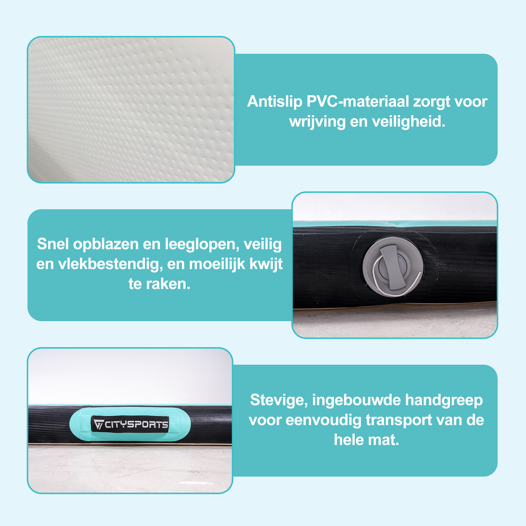 Image shows details of an inflatable mat. Features include anti-slip material, valve, handle, and brand logo.