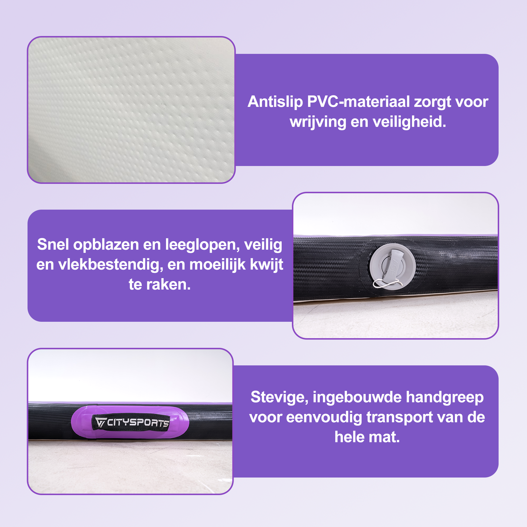 Image shows a black and purple mat with text about its features: non-slip PVC, easy inflation, and a handle for transport.