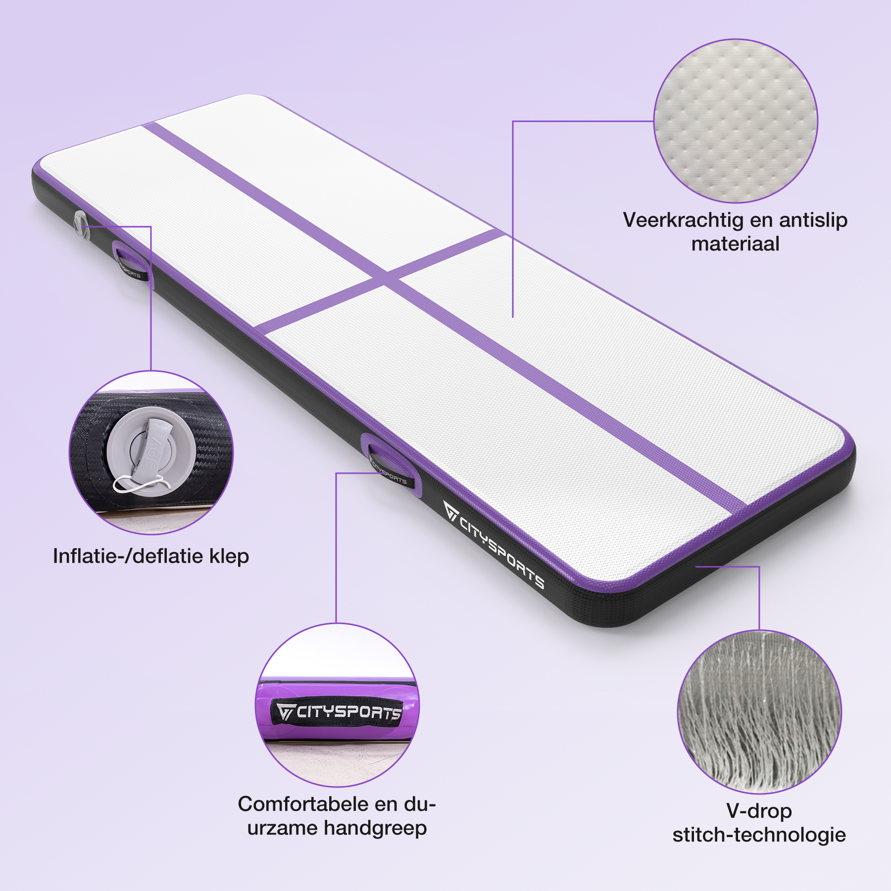 An inflatable air track with white surface, purple lines, and black edges. Features include valve, handle, and anti-slip material.