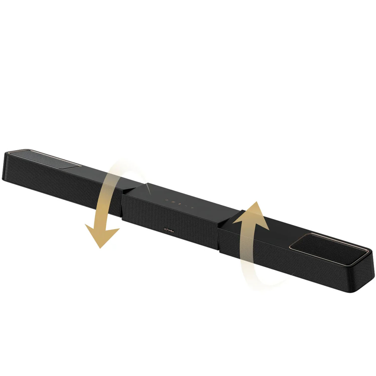 Czarny soundbar ze złotymi akcentami. Strzałki wskazują funkcję rozszerzania i kurczenia. Soundbar jest na białym tle.