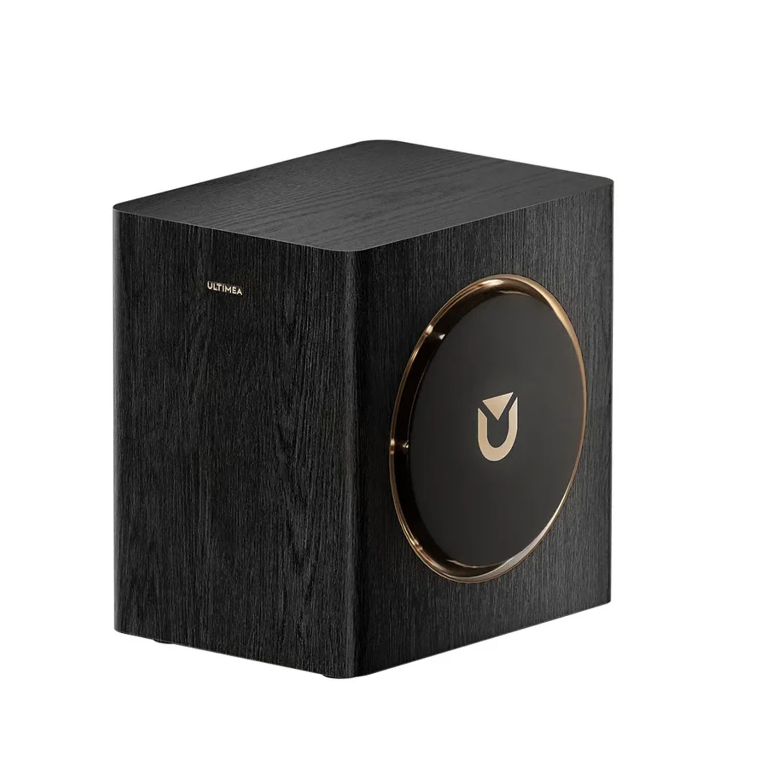 Czarny drewniany głośnik ze złotą obwódką, okrągłym, czarnym panelem przednim z złotym logo w kształcie litery U.