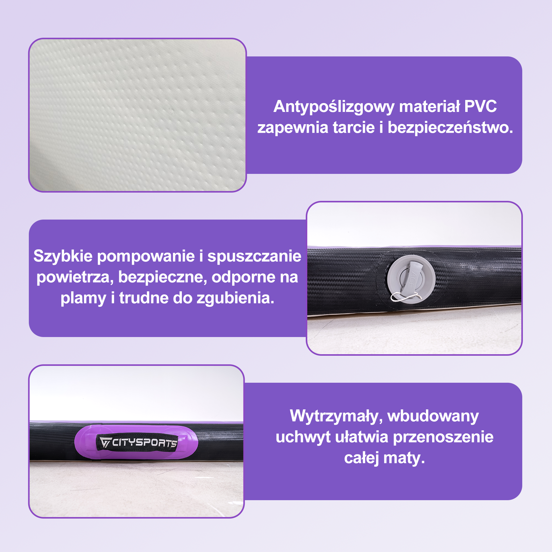 Obraz przedstawia białą, teksturowaną powierzchnię, czarną matę z zaworem i uchwytem oraz tekst w języku polskim.