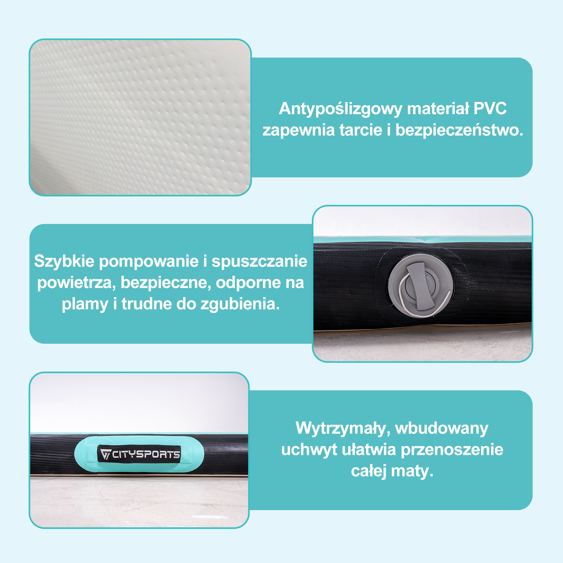 Nadmuchiwana mata z antypoślizgowym PVC, szybkim pompowaniem i wbudowanym uchwytem ułatwiającym przenoszenie.