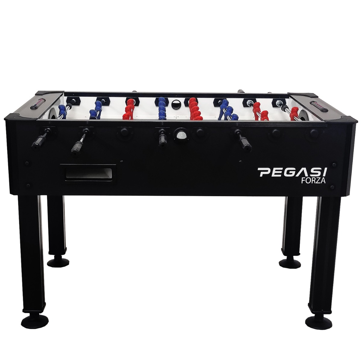 Een zwarte voetbaltafel met rode en blauwe spelers. De tafel heeft zwarte poten en de merknaam 'Pegasi Forza' is zichtbaar.