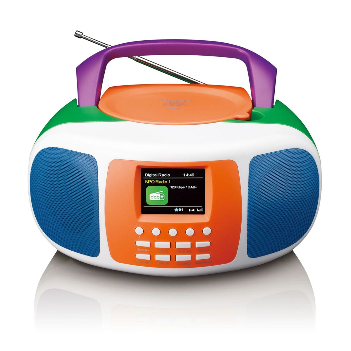 Ein farbenfrohes Radio mit lila Griff, orangefarbener CD-Abdeckung, blauen Lautsprechern und einem Bildschirm mit Radioinformationen. Weißer Körper.