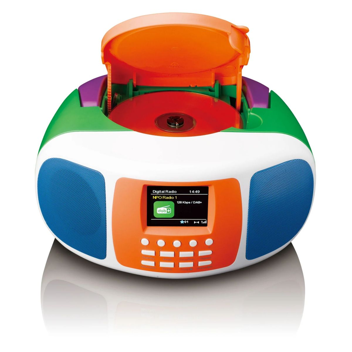 Ein bunter Boombox mit einer CD im Inneren. Der obere Deckel ist geöffnet und zeigt ein orangefarbenes Innenteil und eine rote CD.