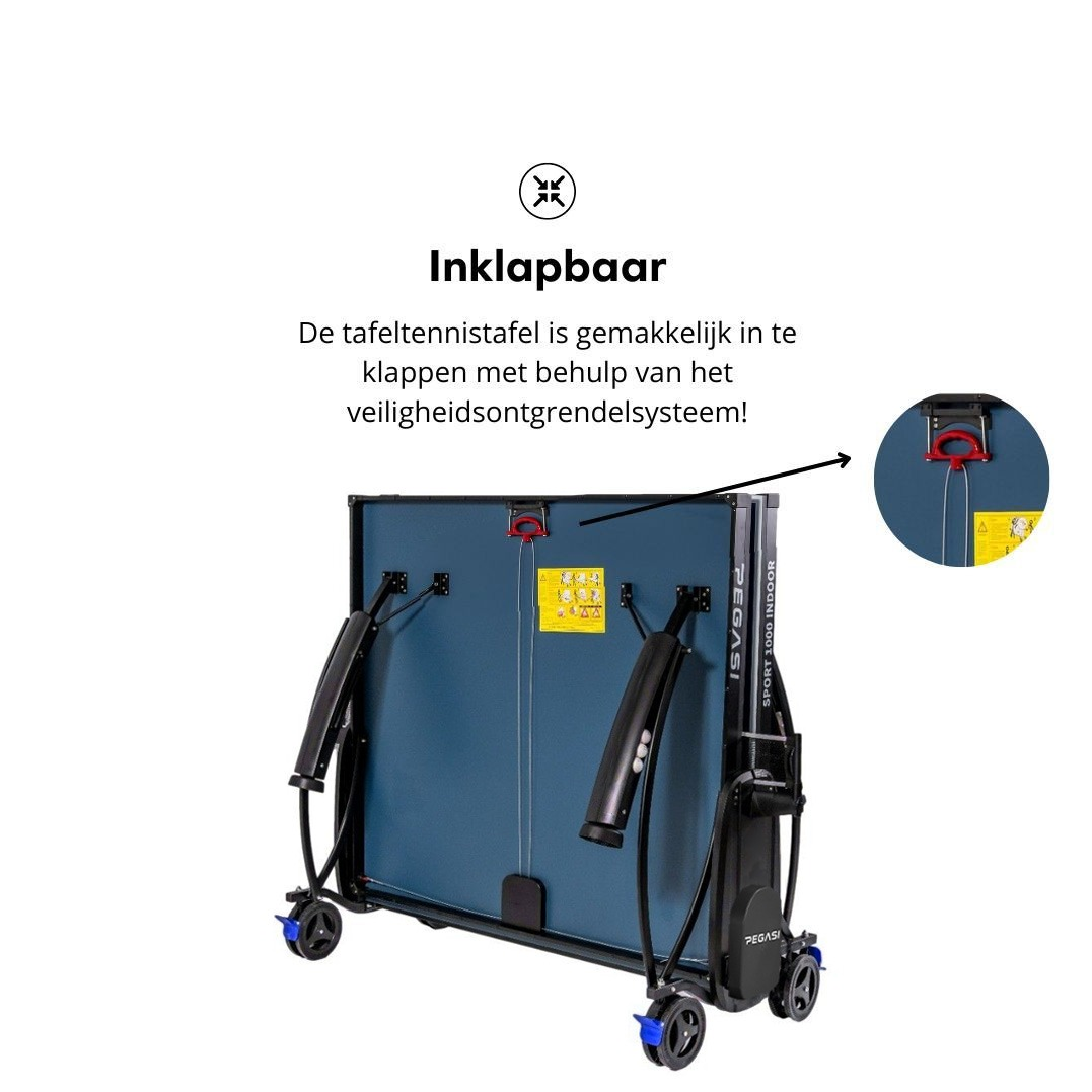 A blue and black foldable ping pong table. The table is folded up and has wheels. Text indicates it's easy to fold.