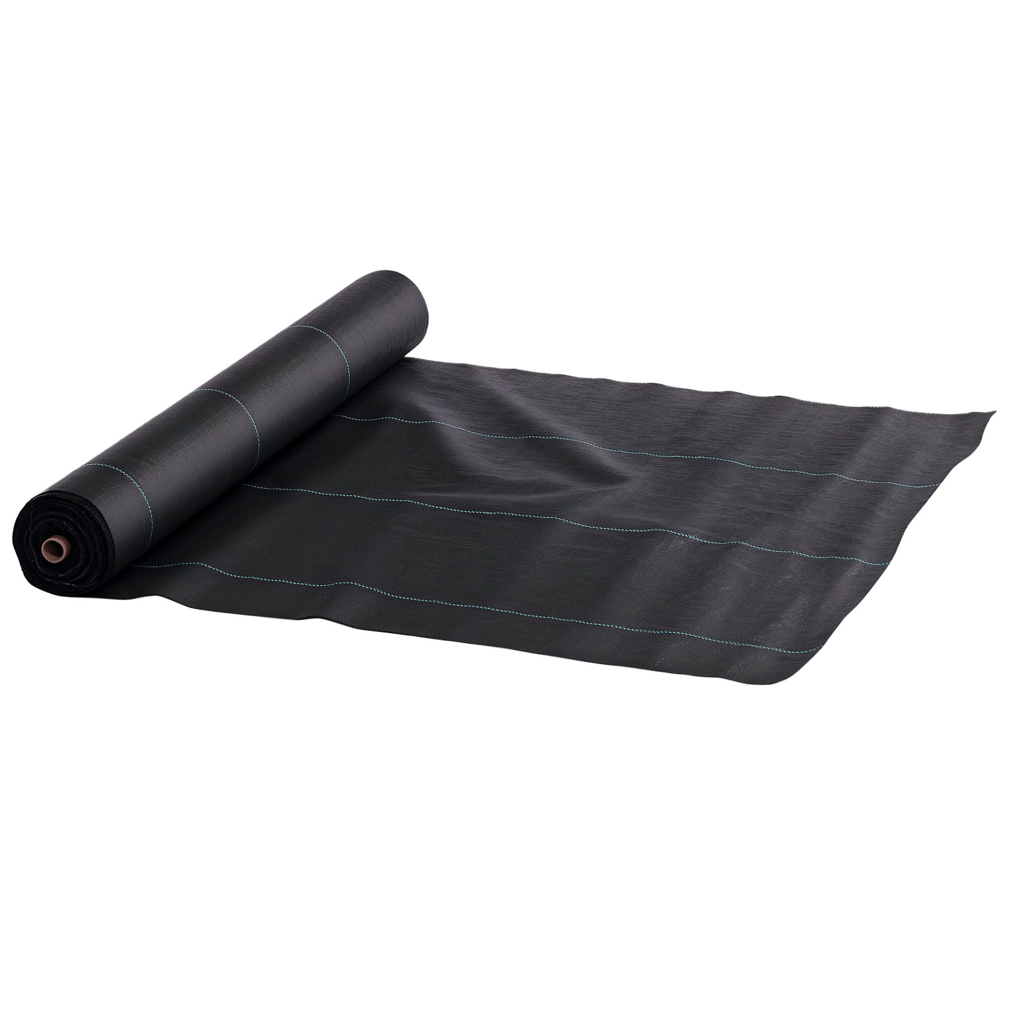 Un rotolo di tessuto paesaggistico nero è srotolato su sfondo bianco. Ha linee blu per l'allineamento.