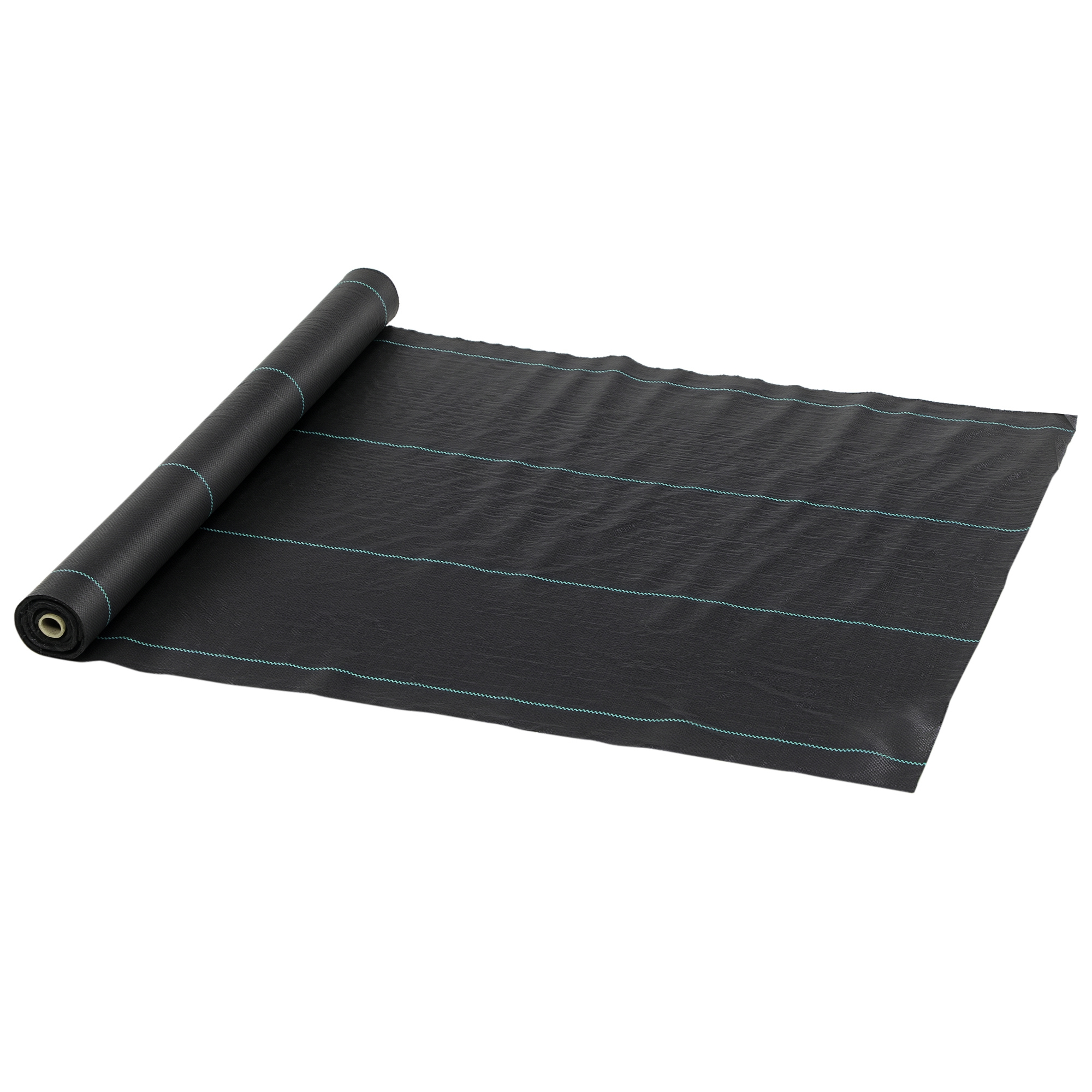 Tessuto paesaggistico nero, arrotolato a sinistra. Cuciture blu visibili. Lo sfondo è bianco.