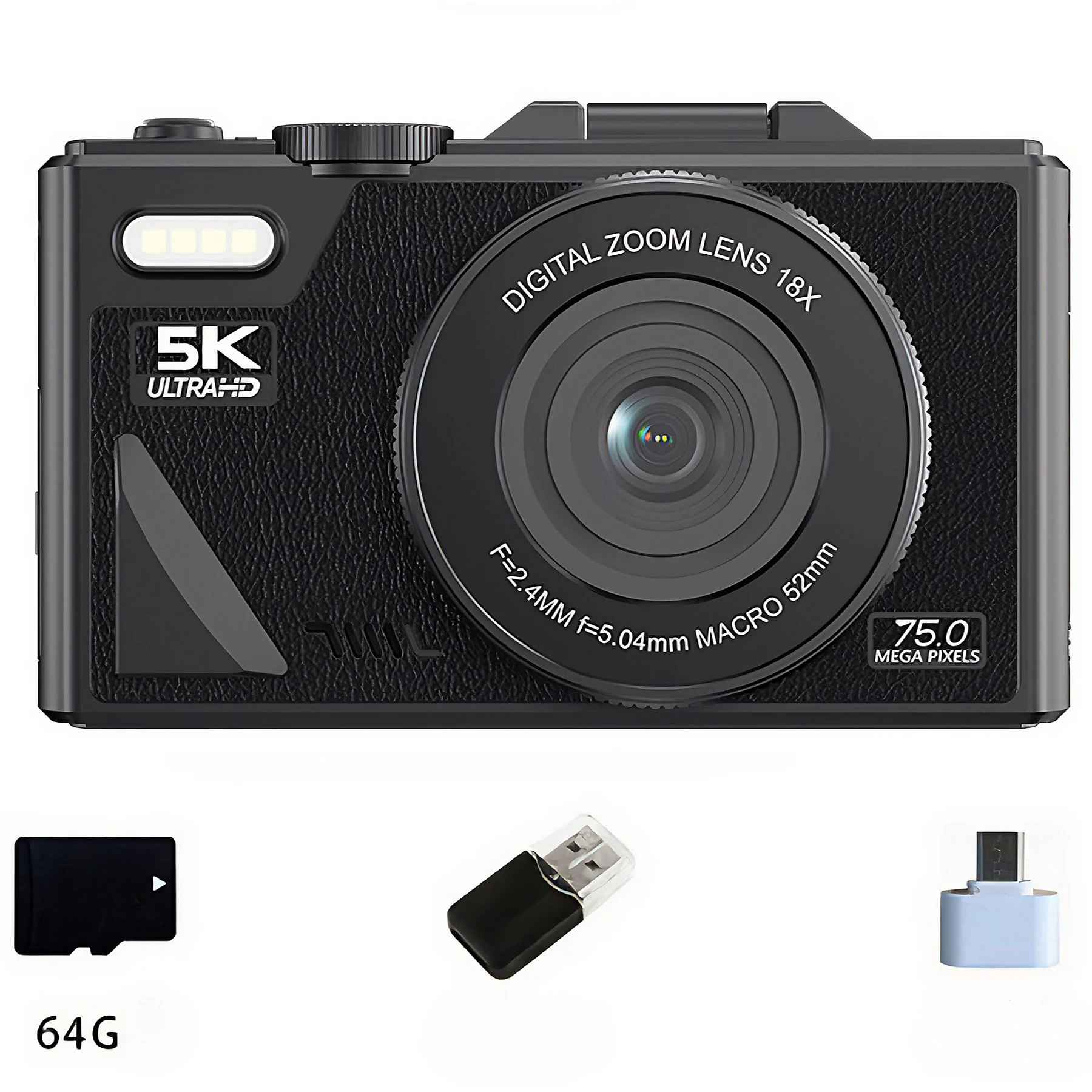 Schwarze Digitalkamera mit Objektiv, SD-Karte, USB-Adapter und USB-Stick. Verfügt über 5K Ultra HD und 75,0 Megapixel.