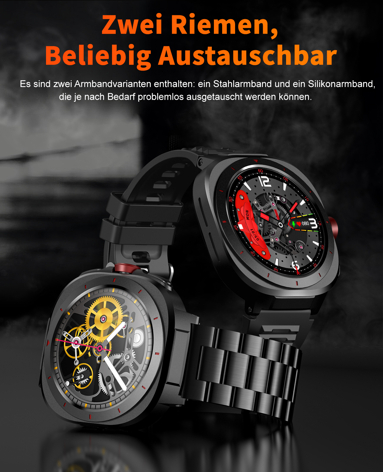 Zwei schwarze Smartwatches mit unterschiedlichen Armbändern. Eine Uhr zeigt Zahnräder, die andere ein digitales Display.