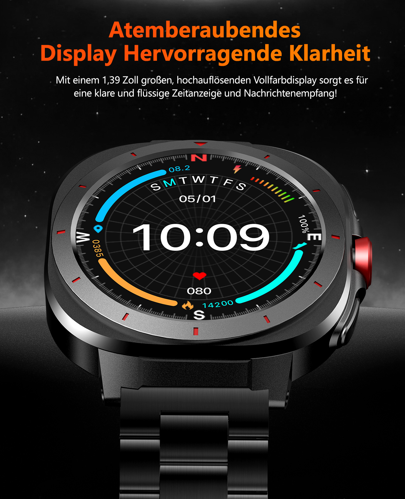 Eine schwarze Smartwatch zeigt Zeit, Datum und Gesundheitsmetriken an. Sie hat ein rundes Zifferblatt mit schwarzem Hintergrund und silberner Lünette.