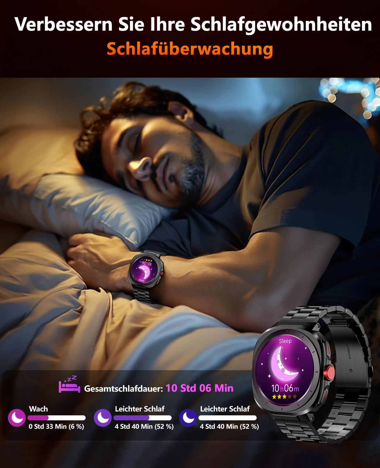 Mann schläft mit Smartwatch, die Schlafdaten anzeigt. Text oben: 'Verbessern Sie Ihre Schlafgewohnheiten' und 'Schlafüberwachung'.