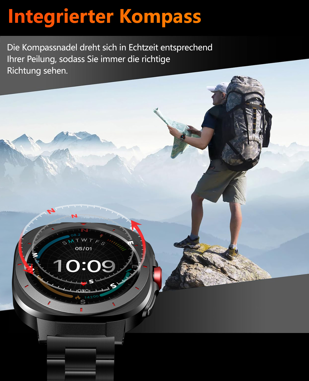 Ein Mann auf einem Berggipfel benutzt eine Karte. Eine Smartwatch mit Kompass ist im Vordergrund. Berge sind im Hintergrund.