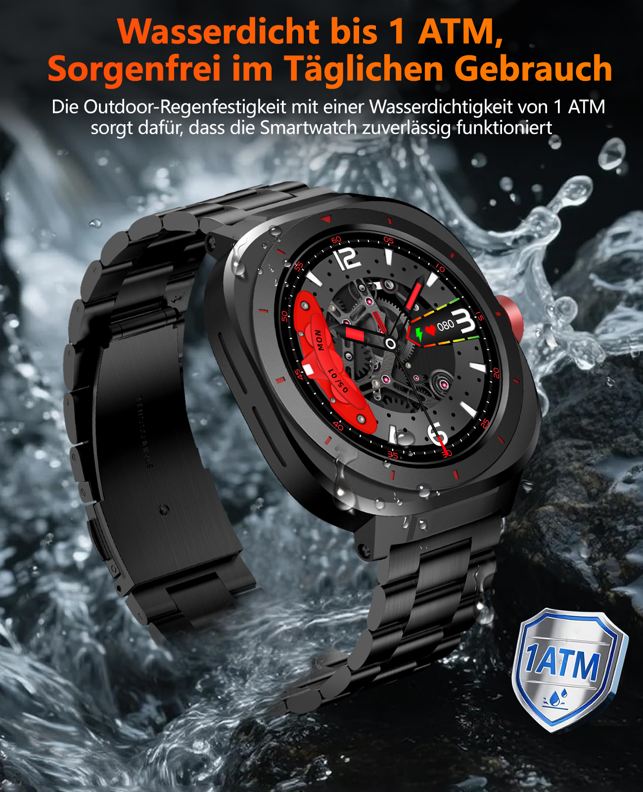 Eine schwarze Smartwatch mit Metallband. Das Zifferblatt zeigt Zahlen und Zeiger. Wassertropfen umgeben sie.
