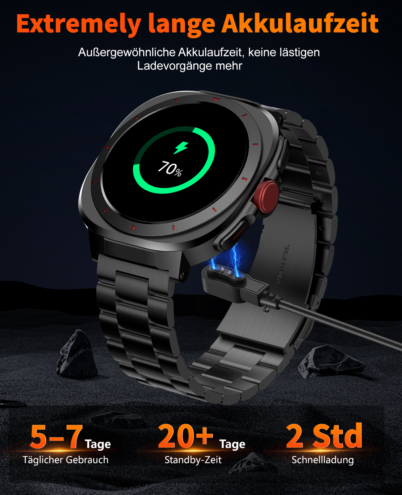 Eine schwarze Smartwatch mit Ladekabel. Der Bildschirm zeigt 70% Akku. Text auf dem Bild erwähnt Akkulaufzeit und Ladezeit.