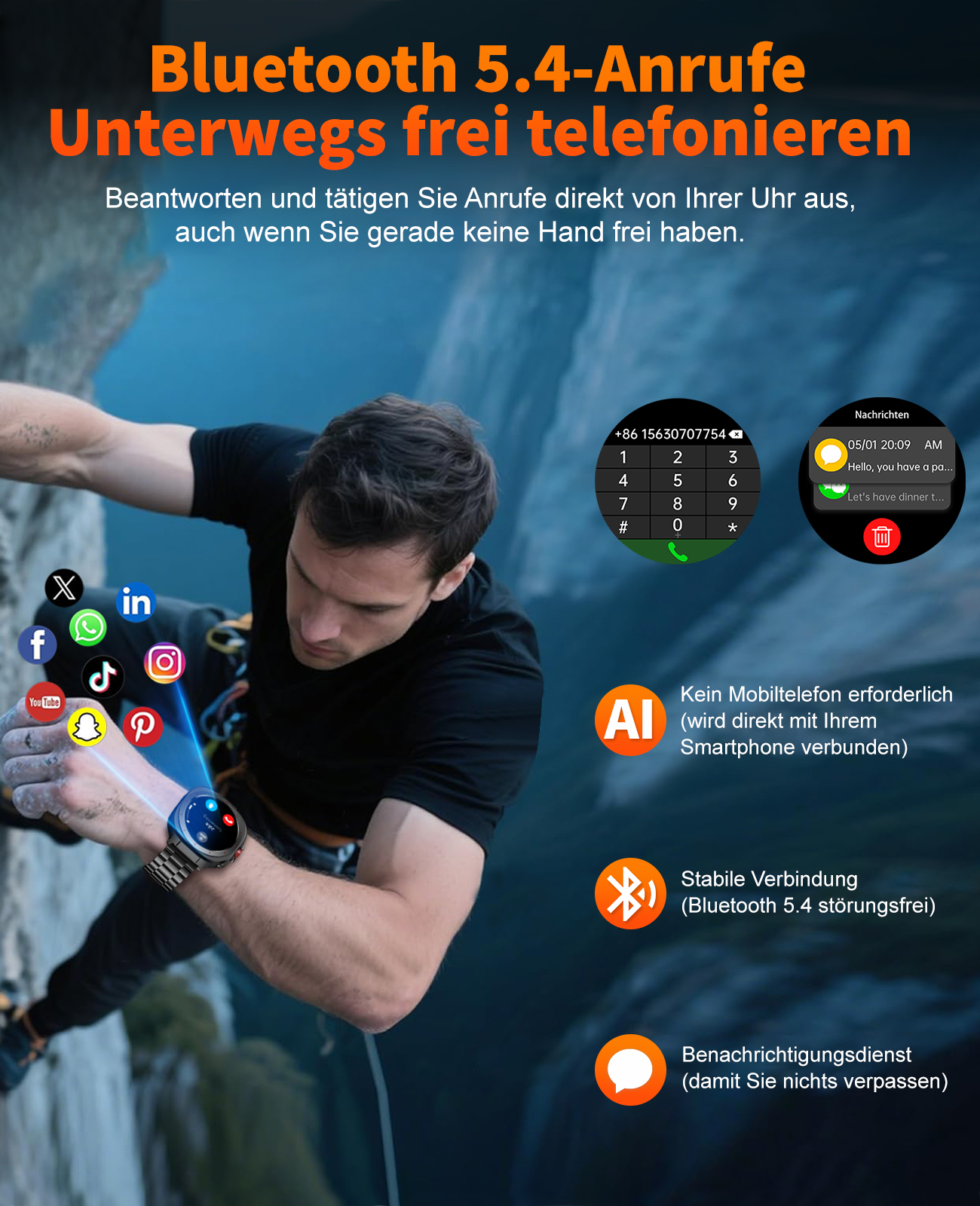 Mann klettert, Smartwatch. Soziale Medien-Icons links. Smartwatch-UI zeigt Wähltastenfeld und Benachrichtigungen.
