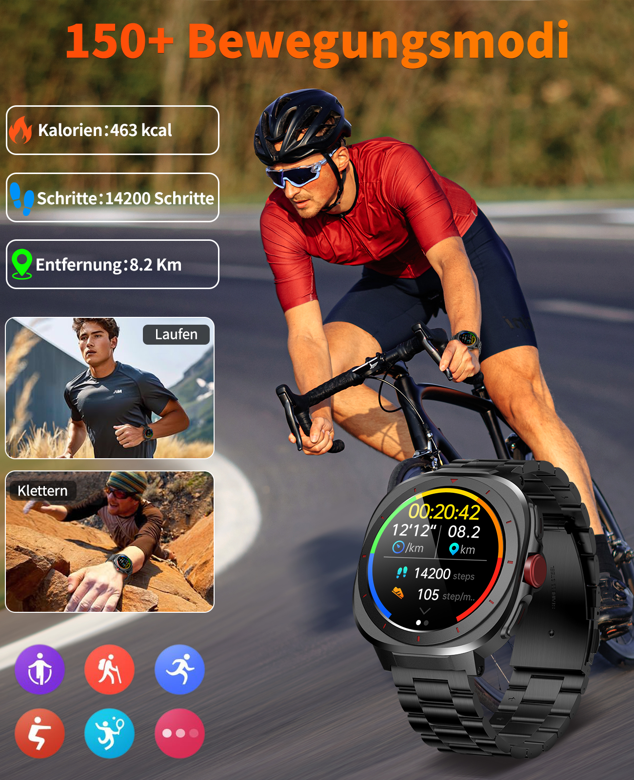 Radfahrer mit Smartwatch. Hintergrund zeigt Lauf- und Kletter-Icons. Text zeigt Kalorien, Schritte und Entfernung.