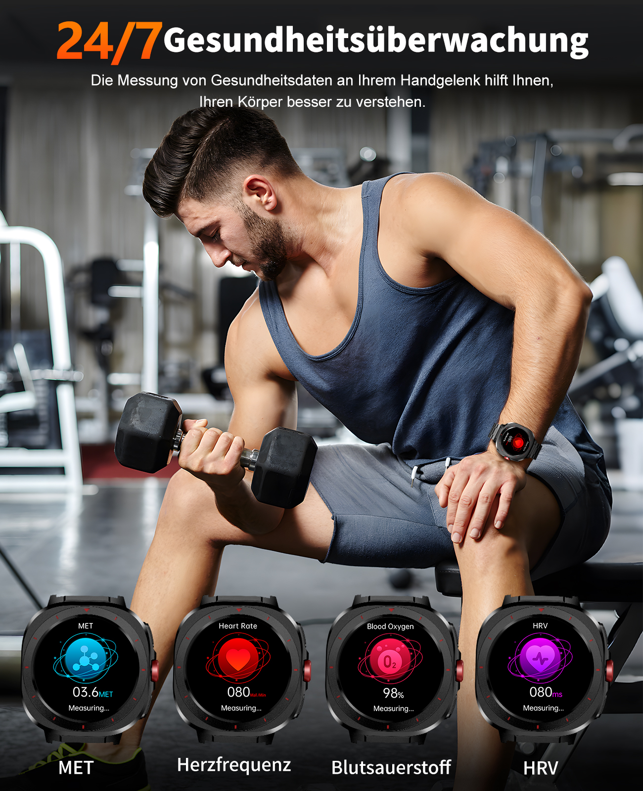 Mann hebt Hantel, trägt Smartwatch mit Gesundheitsdaten: MET, Herzfrequenz, Blutsauerstoff, HRV. Fitnessstudio im Hintergrund.