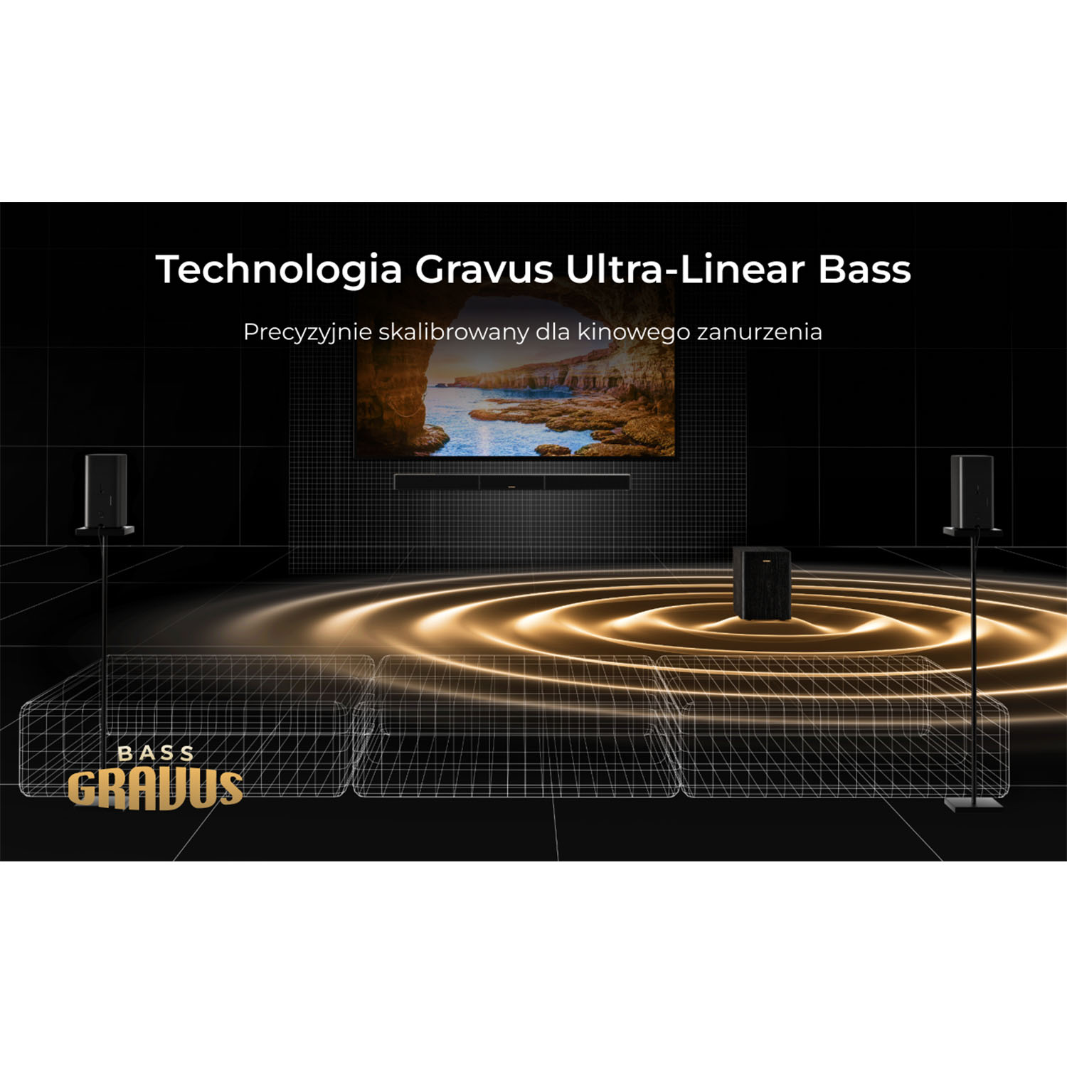 Czarny pokój z telewizorem wyświetlającym krajobraz. Głośniki są rozmieszczone wokół. Tekst głosi 'Technologia Gravus Ultra-Linear Bass'.
