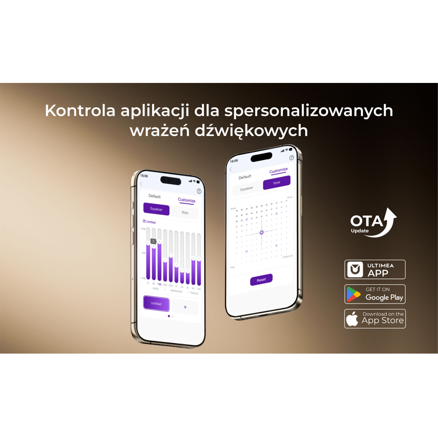 Dwa telefony wyświetlają interfejsy aplikacji. Jeden pokazuje korektor, drugi ustawienia stylu. Obecne są również ikony aktualizacji OTA, aplikacji Ultimea, Google Play i App Store.