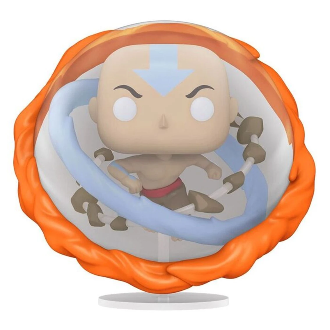 Figurka Aang Funko Pop wewnątrz pomarańczowego i białego wiru. Ma niebieską strzałkę na głowie, brązowe spodnie i jest otoczony niebieskim wirkiem powietrznym.