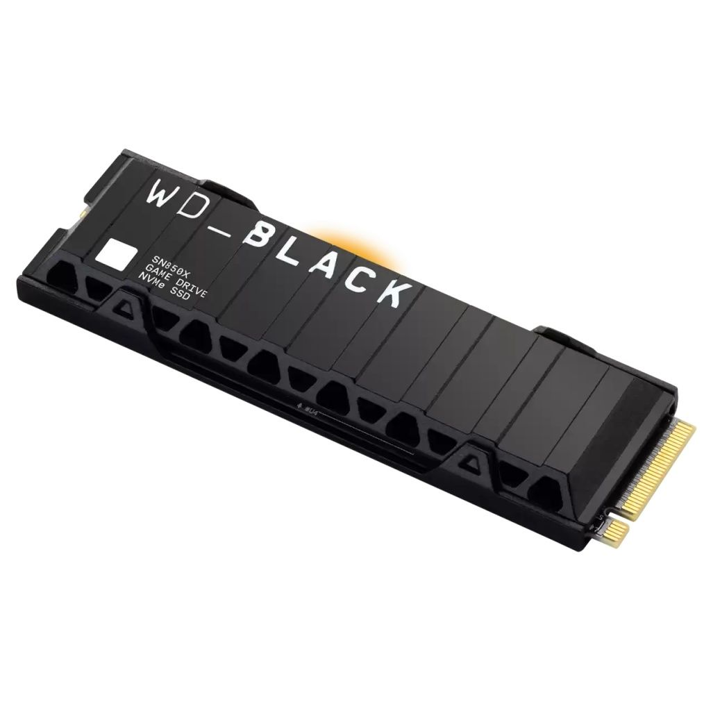 Czarny dysk SSD NVMe WD_BLACK SN850X. Ma biały tekst, złoty konektor i czarną obudowę z geometrycznymi wycięciami.