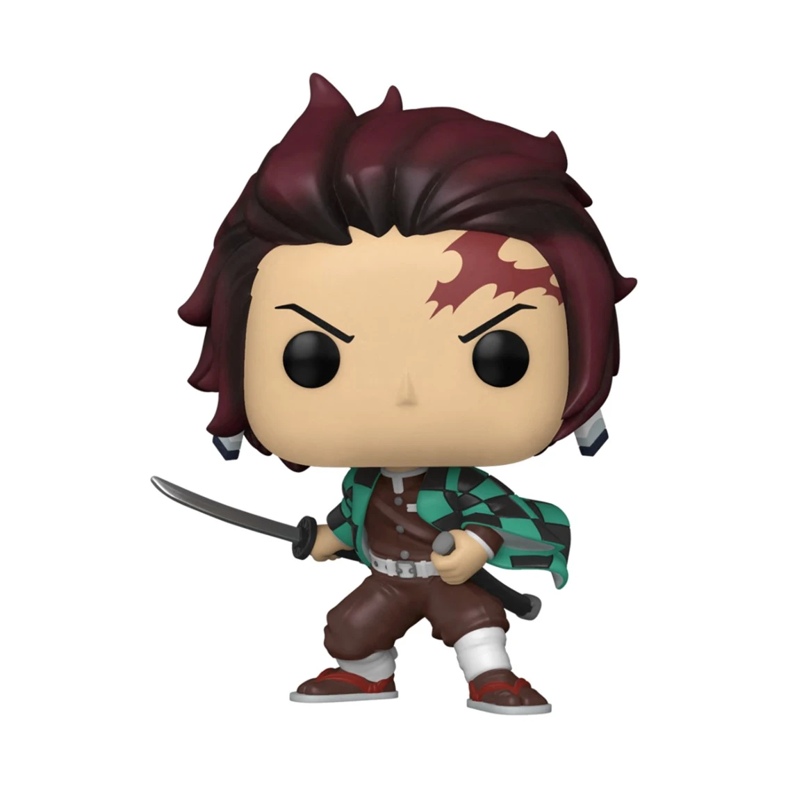 Un personaggio Funko Pop con capelli bordeaux e una cicatrice. Indossa pantaloni marroni, una giacca verde e tiene una spada.